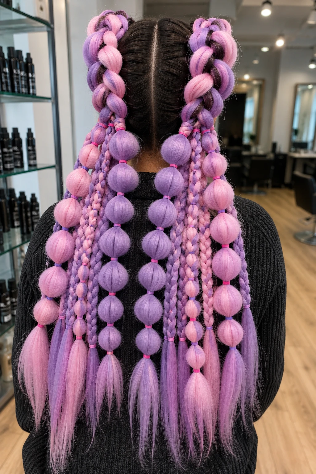 Bubble Braid Pigtails in Pastel Purple and Pink Bubble Braid Pigtails in Pastel Purple and Pink