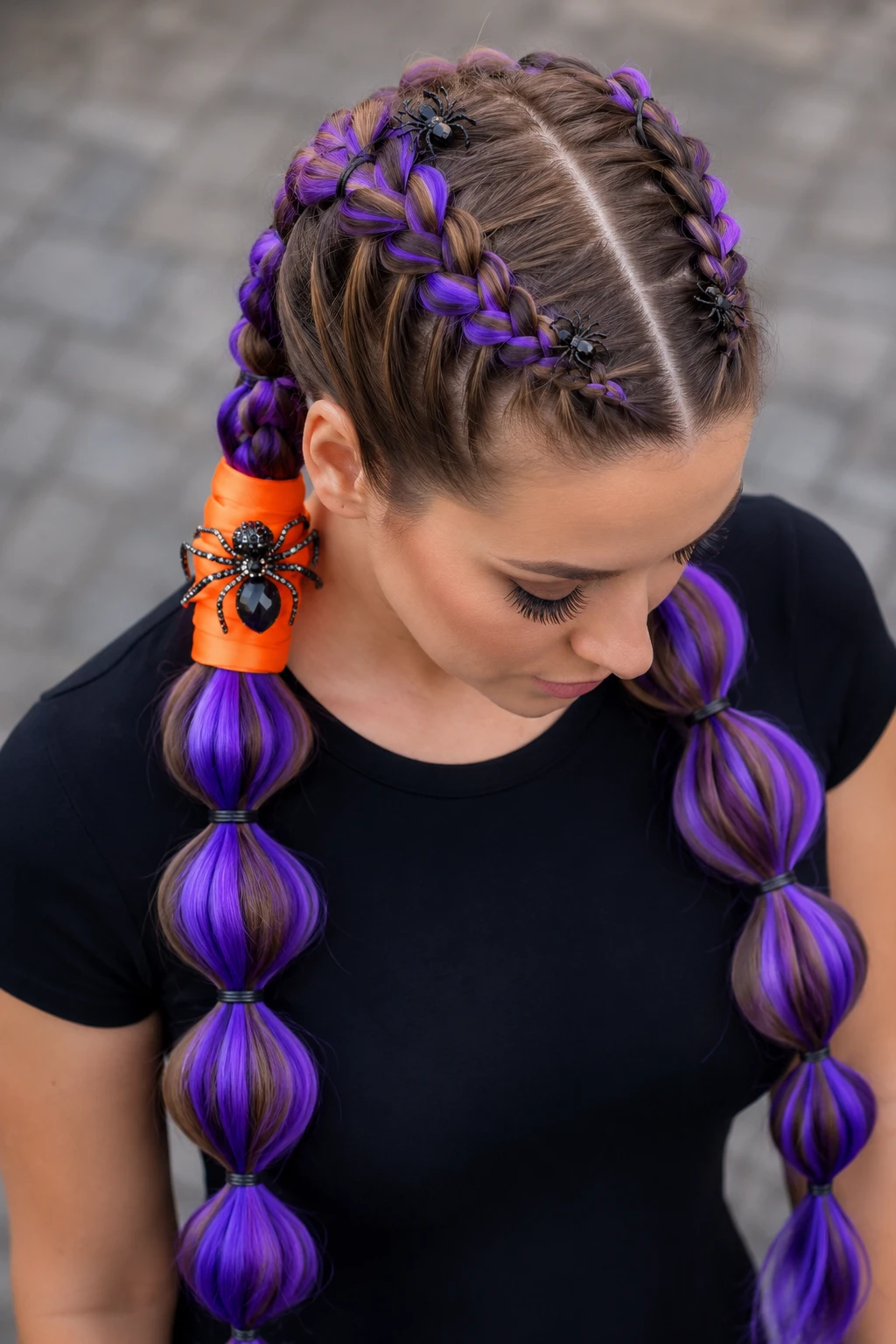 Purple Braid Bubble Pigtails with Spider Charms Purple Braid Bubble Pigtails with Spider Charms