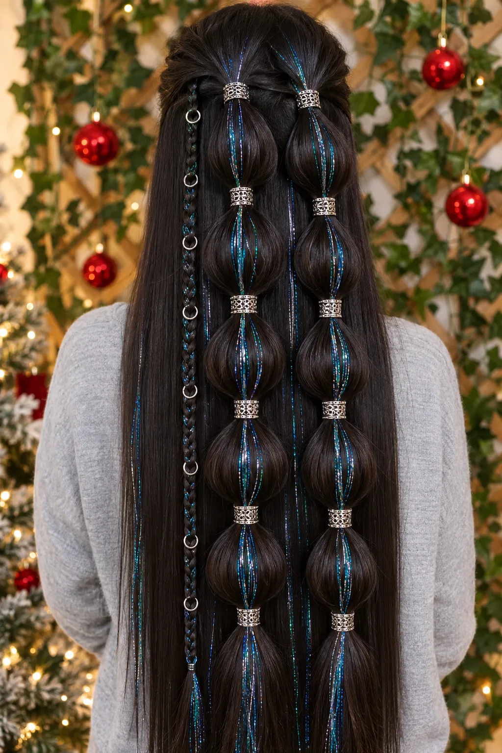 Sparkling Bubble Braids with Tinsel and Silver Cuffs