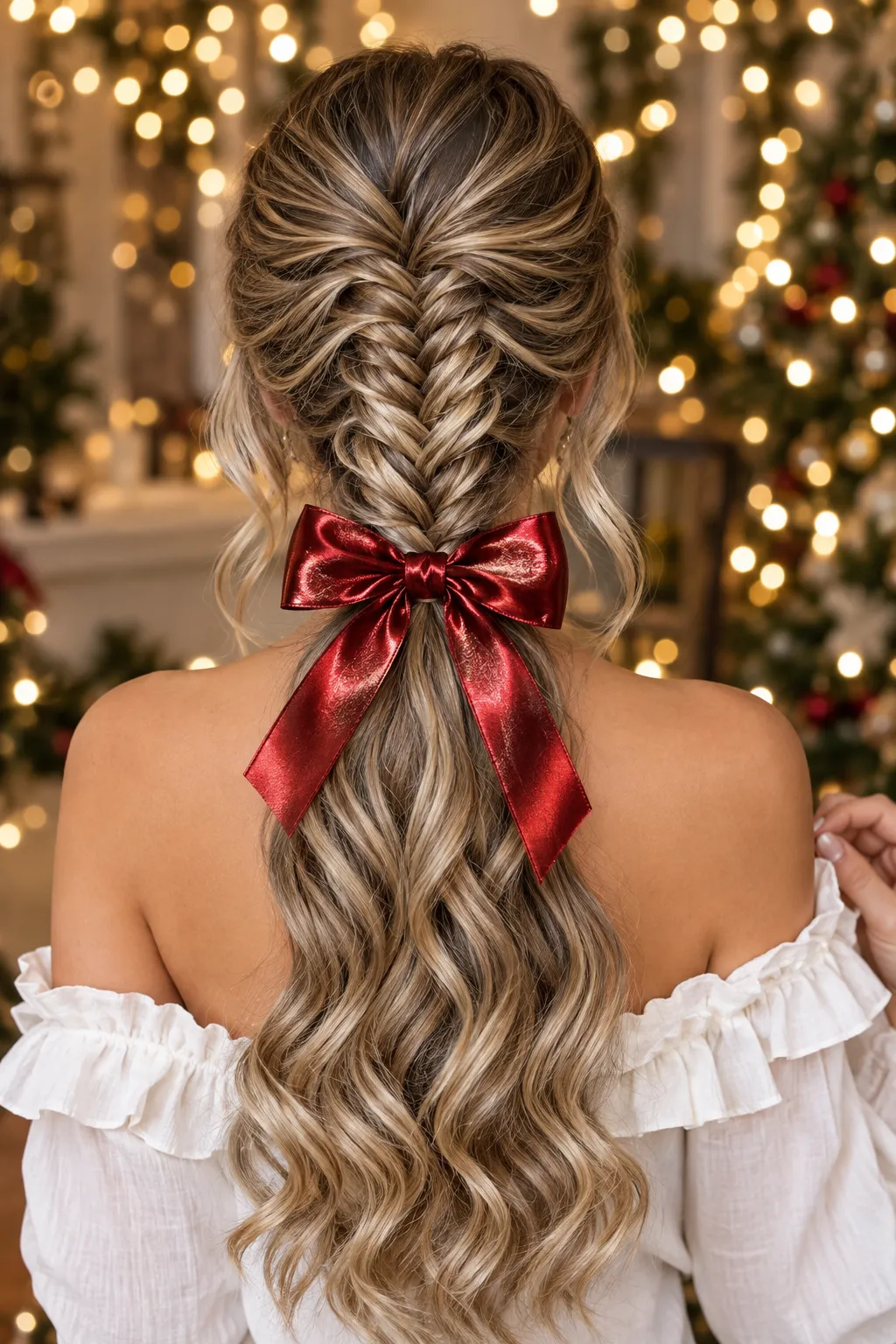 Fishtail Braid Ponytail with Red Satin Bow
