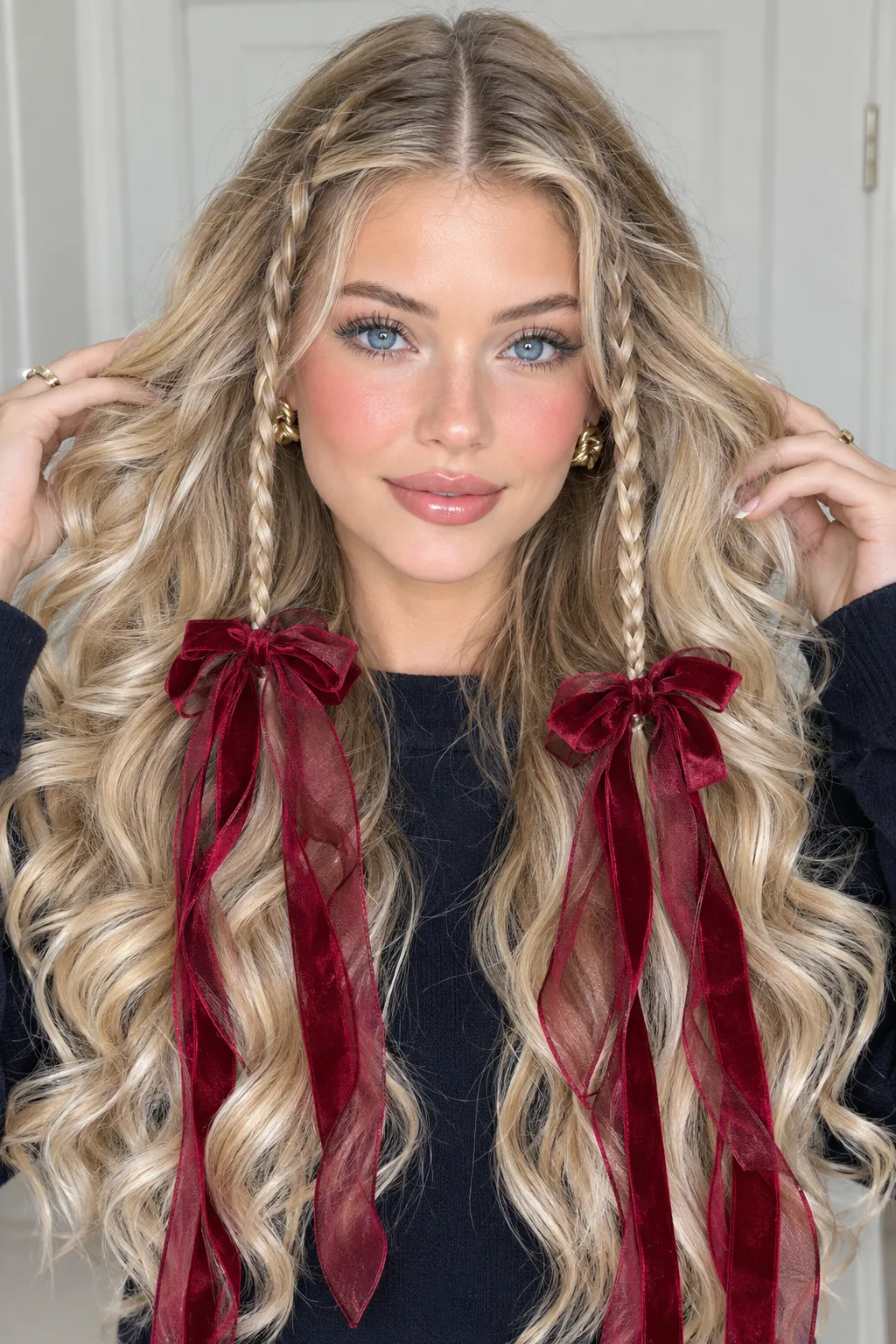  Face Framing Braids with Burgundy Velvet Ribbons