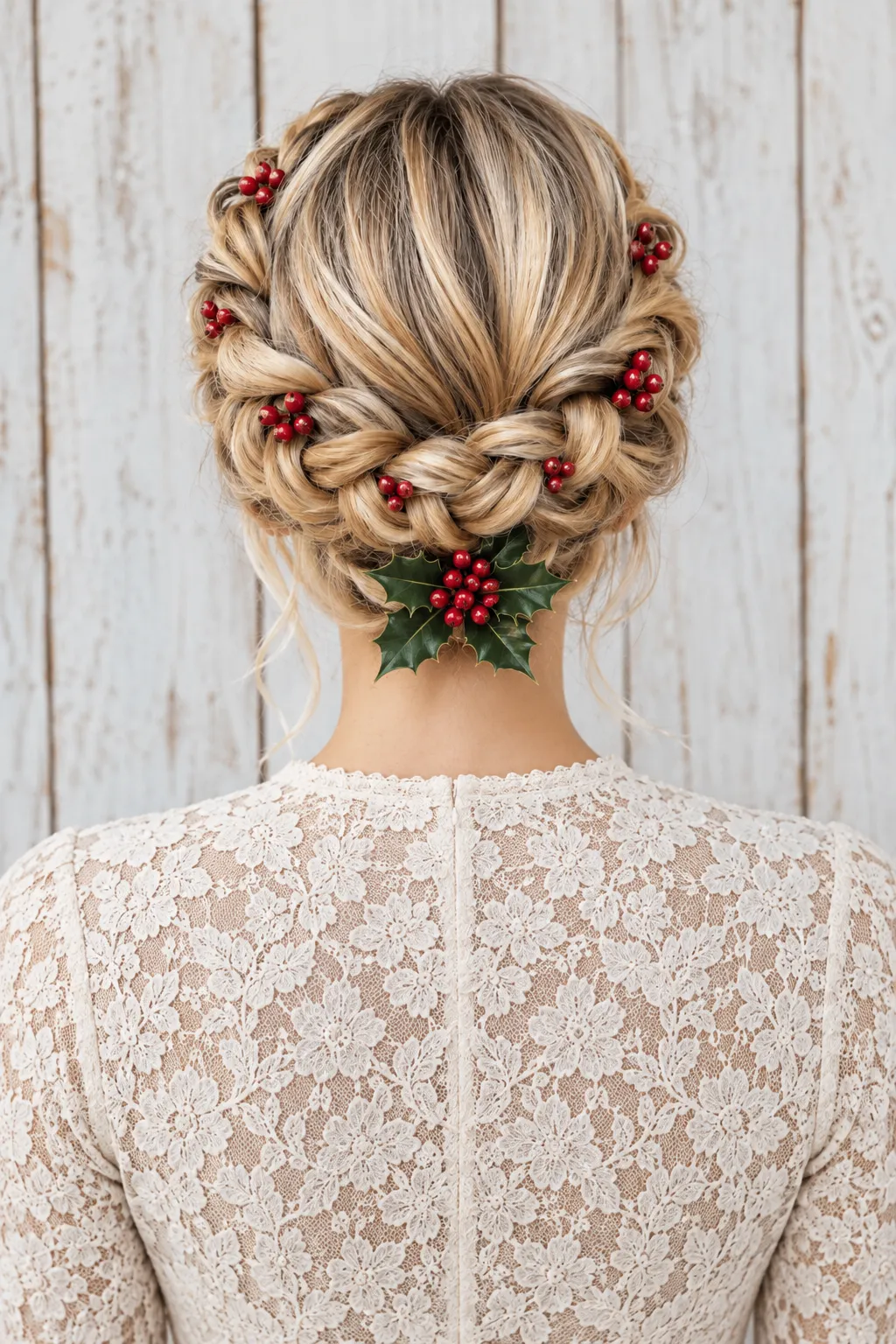 Braided Crown Updo with Holly Berry Pins