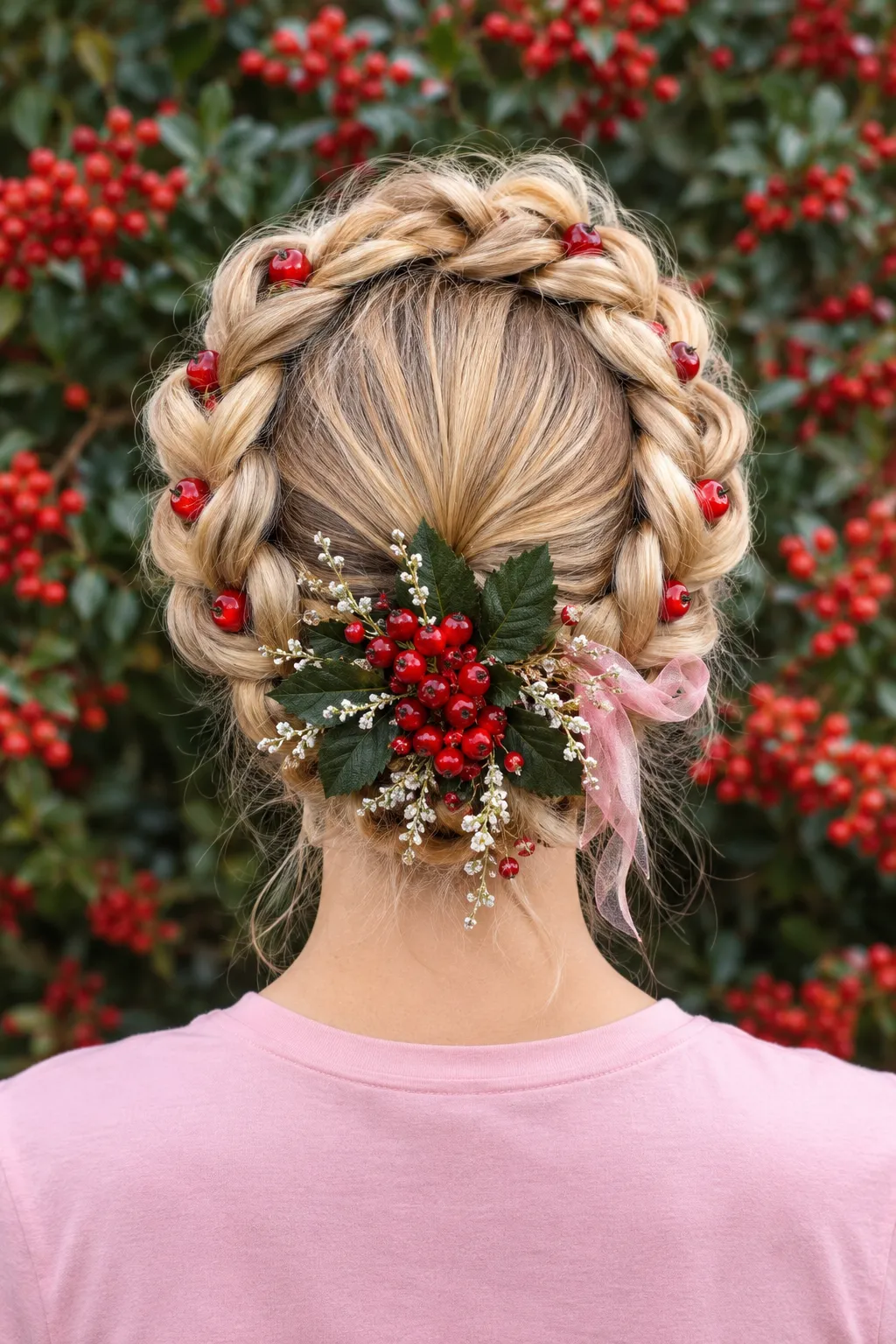 Halo Braid Updo with Red Berry and Baby's Breath Cluster