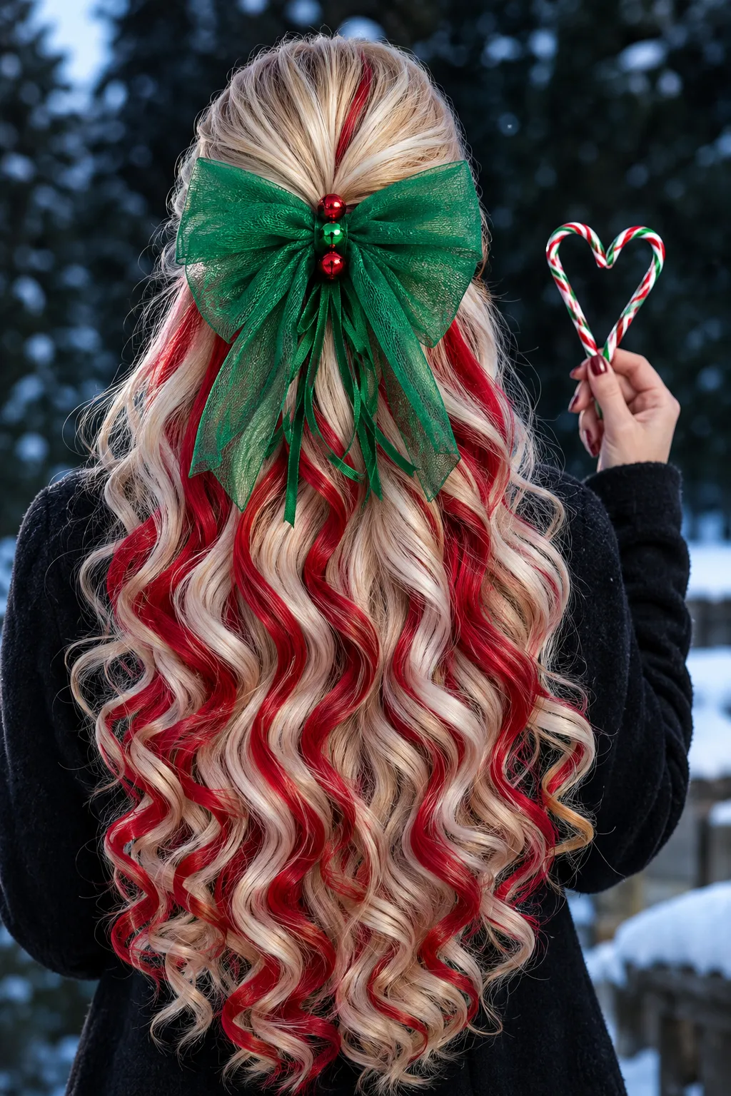 Candy Cane Stripe Curls with Green Tulle Bow