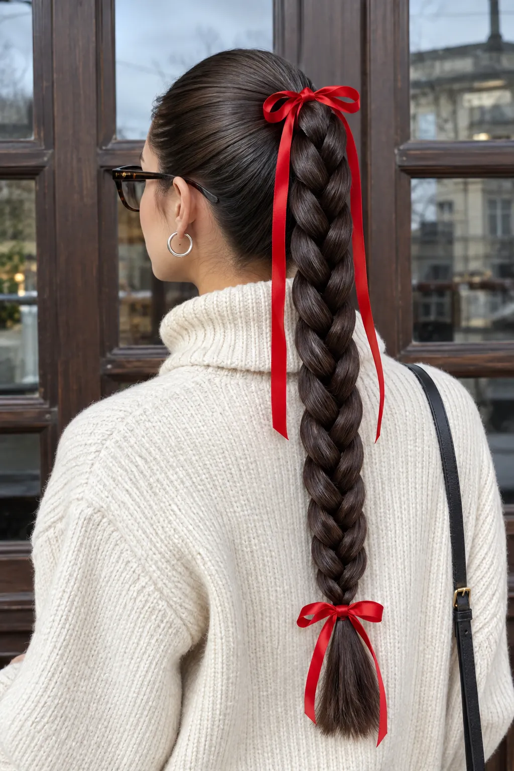 Sleek Ponytail Braid with Red Satin Ribbons