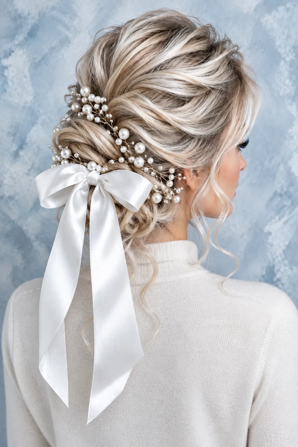 Twisted Low Updo with Pearl Vine and White Satin Bow