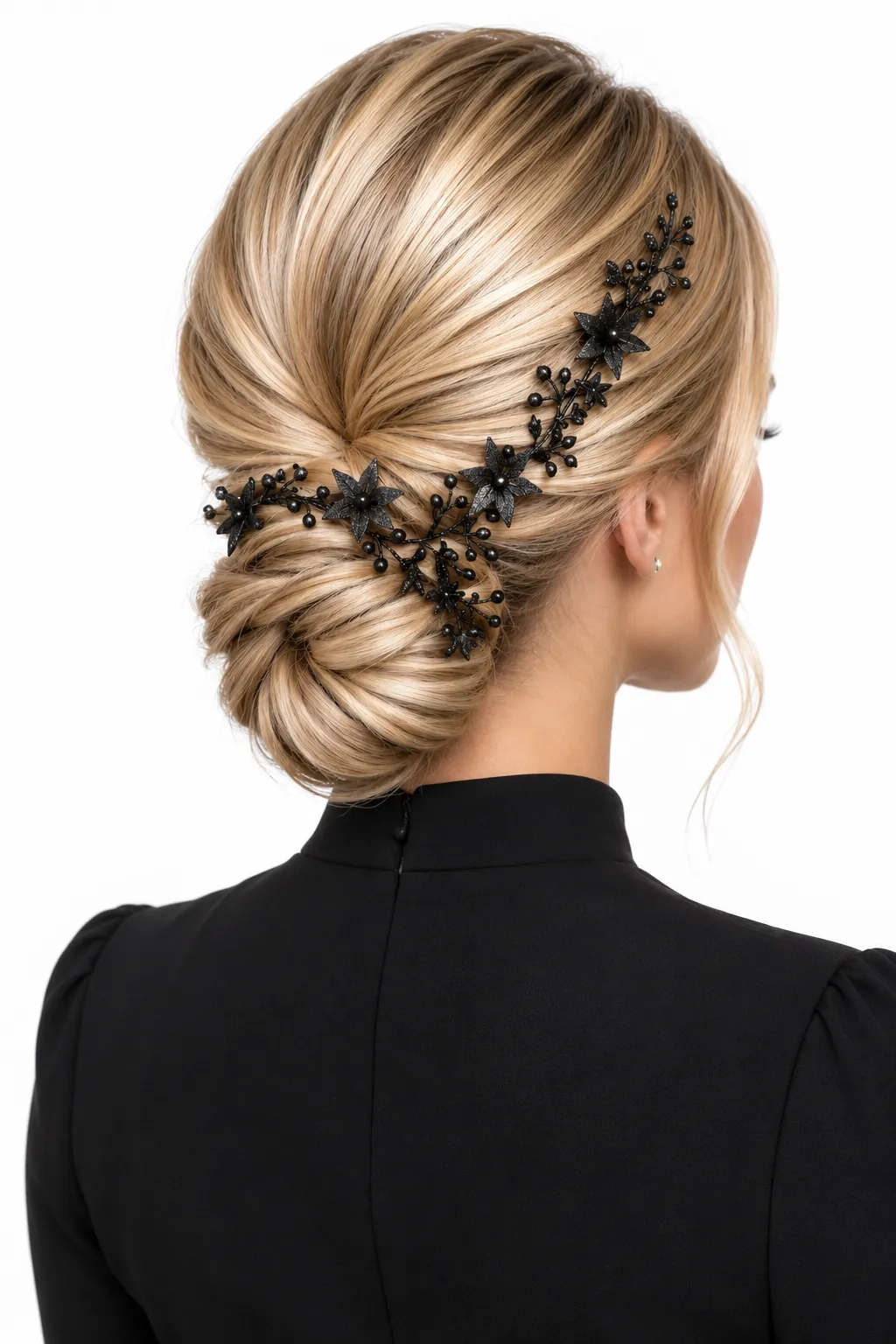Sleek Side Chignon with Black Floral Hair Vine