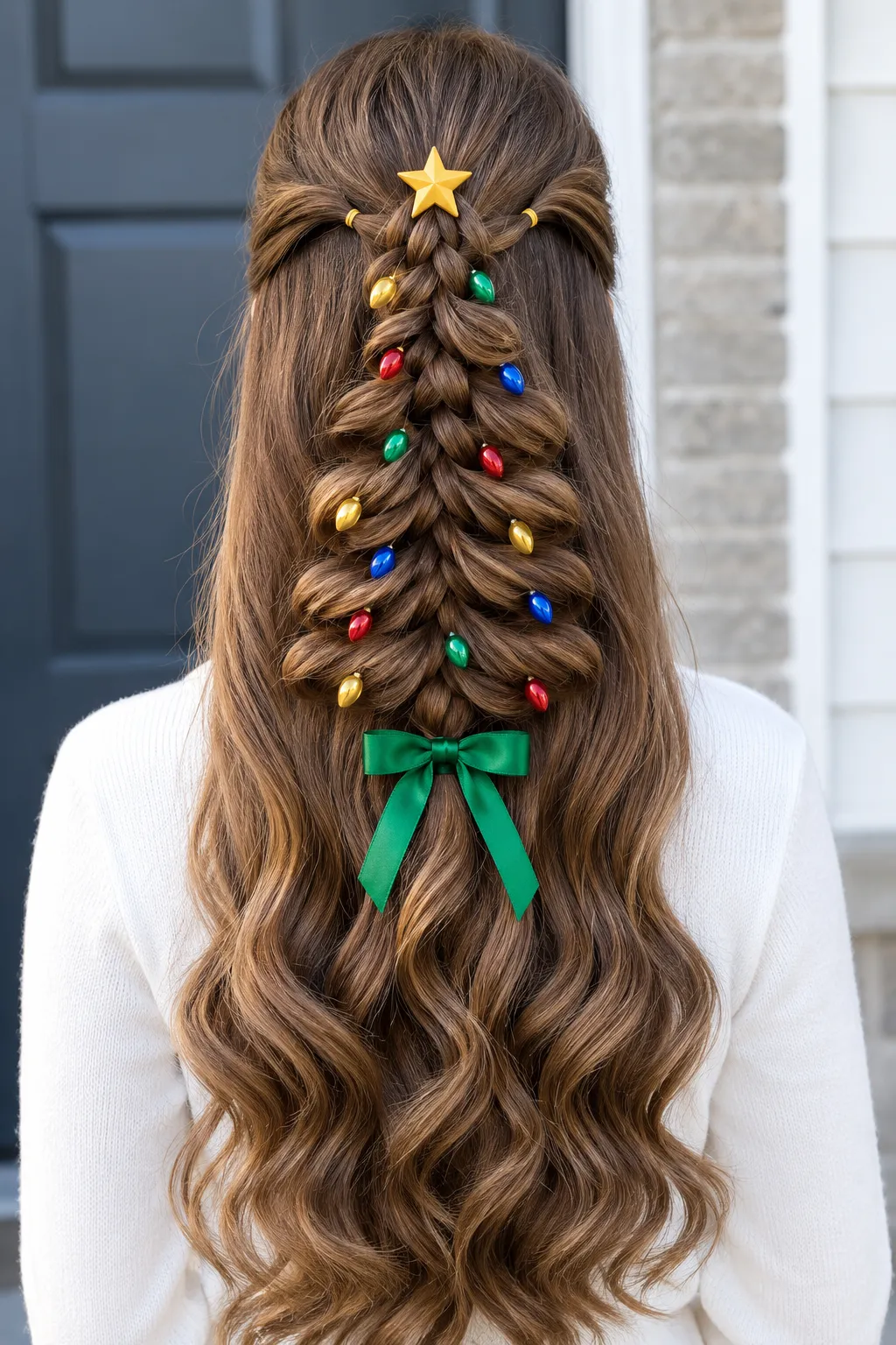 Christmas Tree Braid with Light Bulb Charms and Green Bow