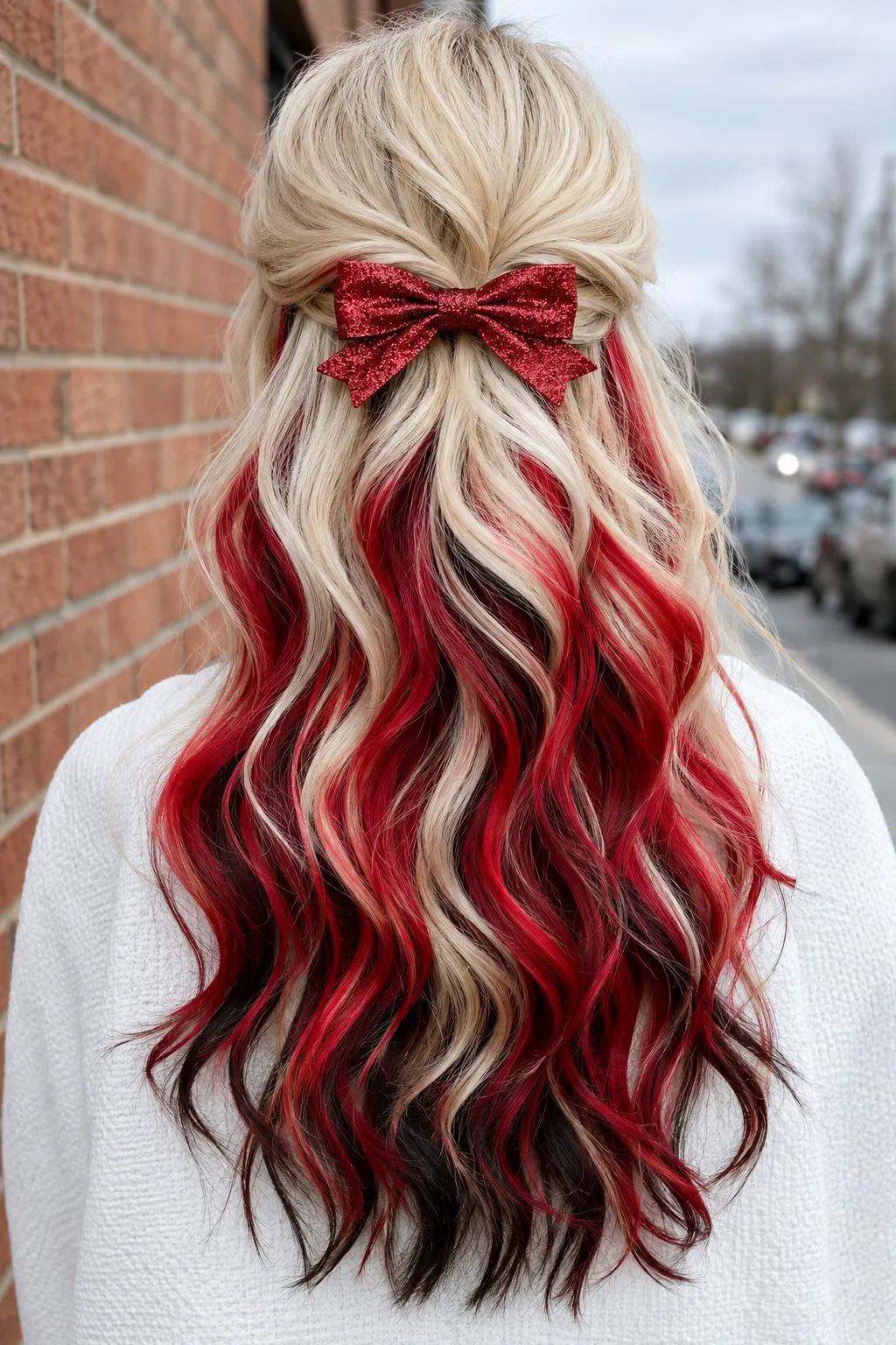 Red Peekaboo Waves with Glitter Bow Half Up