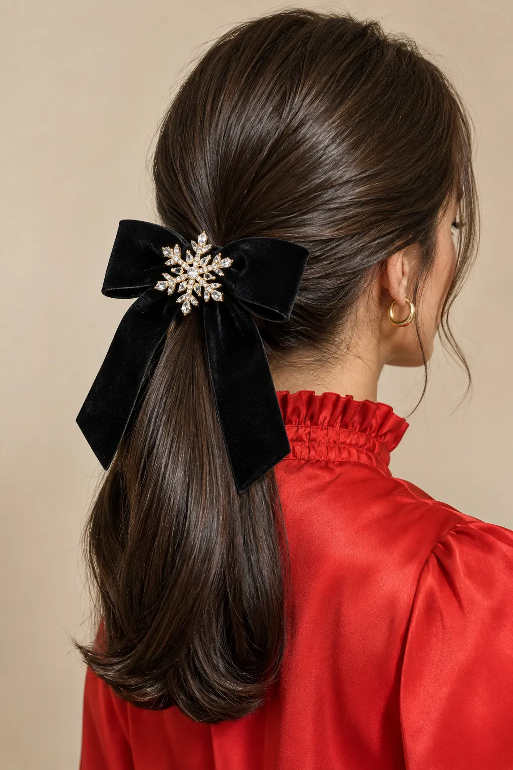 Low Sleek Ponytail with Black Velvet Snowflake Bow
