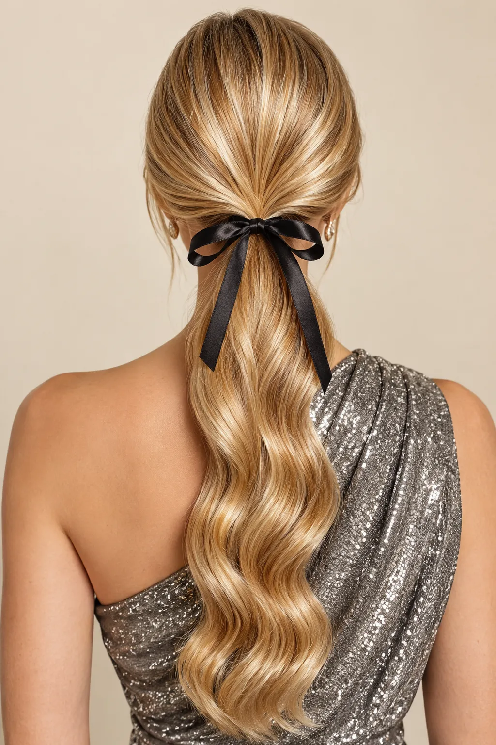 Wavy Low Ponytail with Black Satin Ribbon