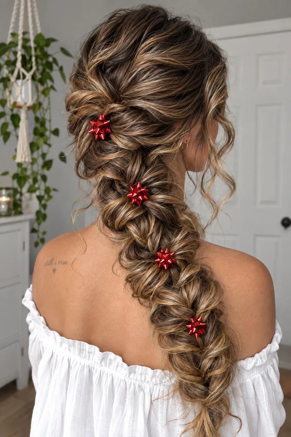 Messy Boho Side Braid with Red Gift Bow Accents