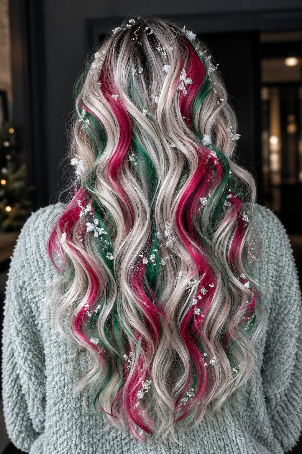 Snowy Platinum Waves with Cranberry and Emerald Ribbons