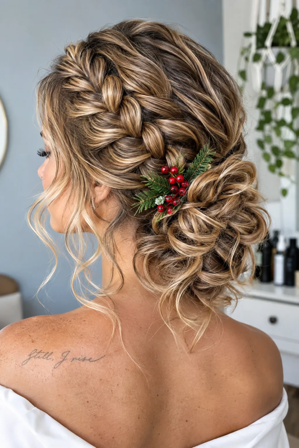  Braided Messy Low Bun with Pine and Berry Sprig