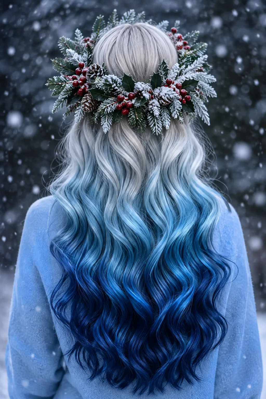  Silver to Sapphire Ombre Waves with Frosted Holly Crown