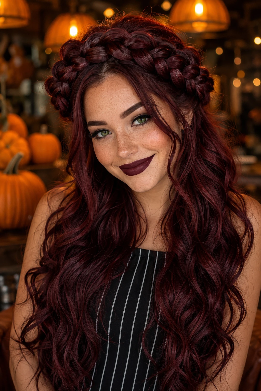 Deep Red Braided Crown Witch Hairstyle