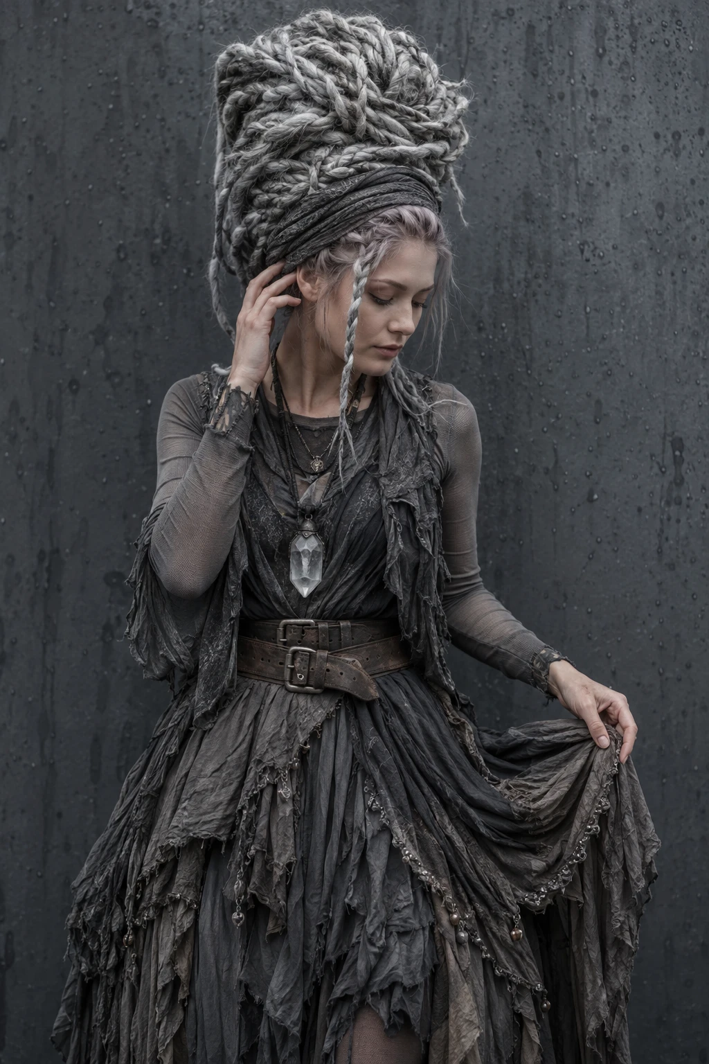 Ash Grey Towering Braid Witch Hairstyle