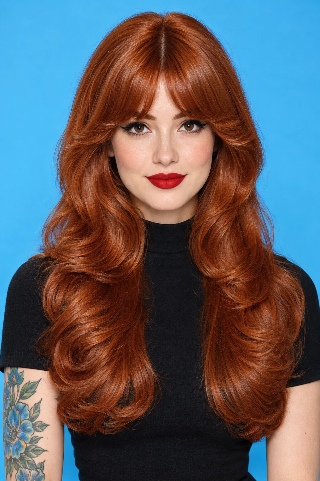 Copper Waves with Side Swept Bangs