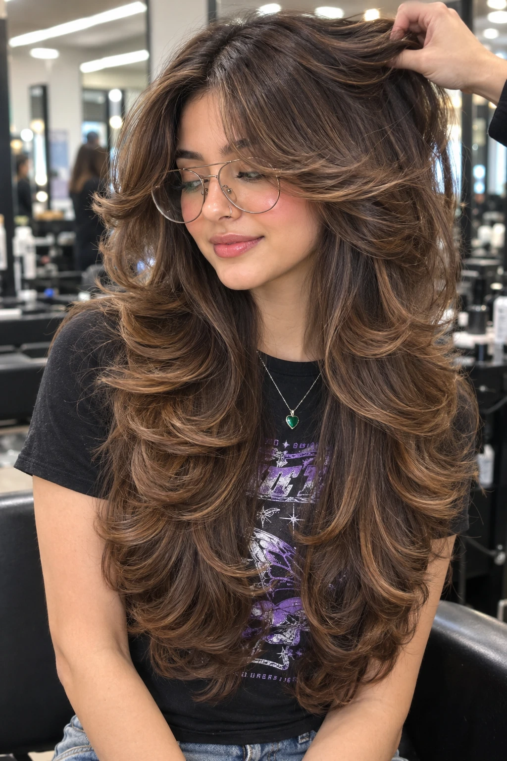 Bronde Balayage with Glasses Friendly Bangs