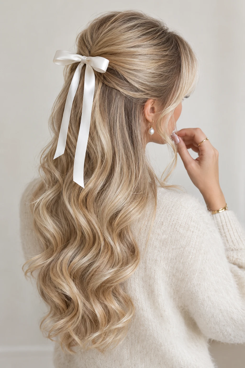  Half Up Curls with Ribbon Bow and Bangs