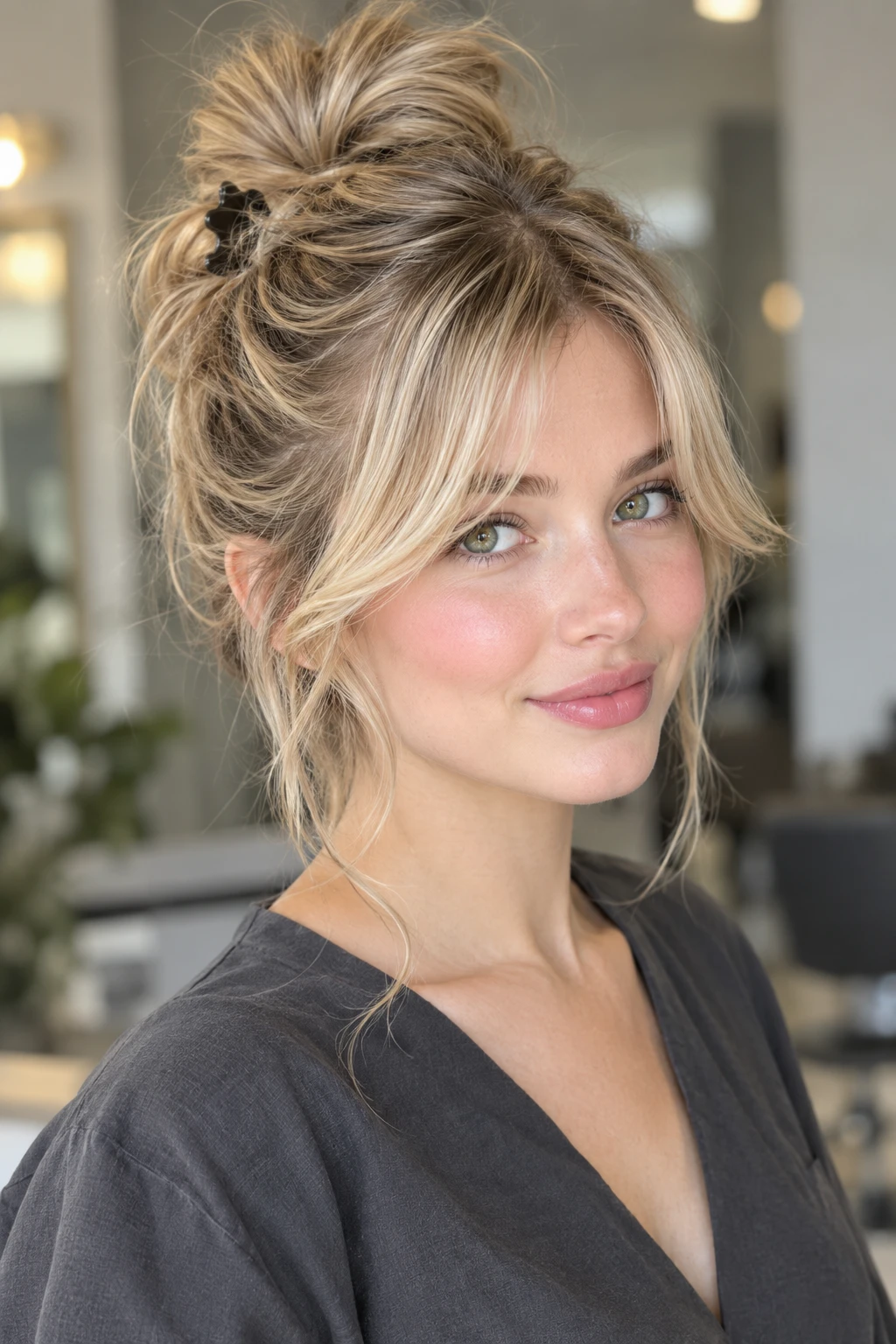Casual Claw Clip Bun with Curtain Bangs