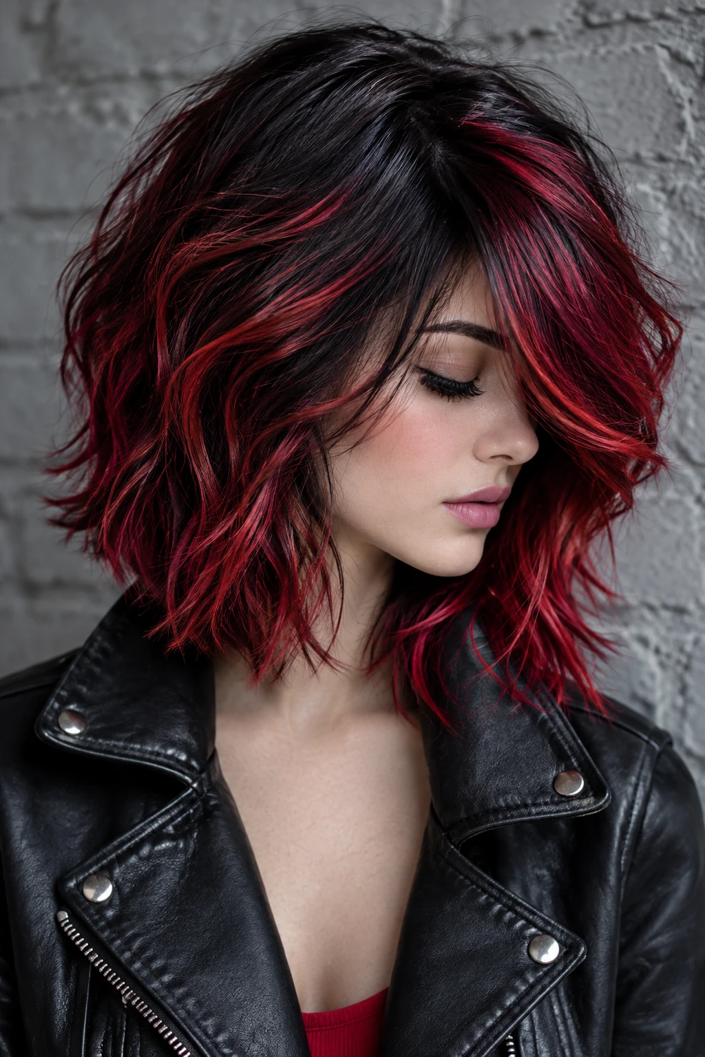 Choppy Black Bob with Red Money Piece Streaks