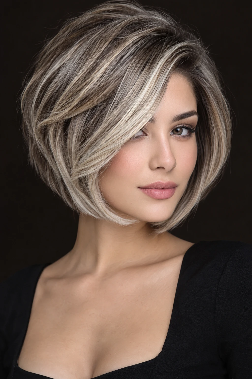 Rounded Ash Blonde Bob with Side Swept Fringe