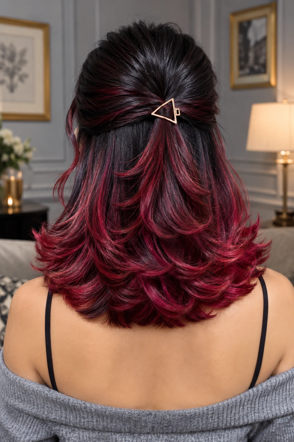 Half Up Feathered Bob with Red Underlights