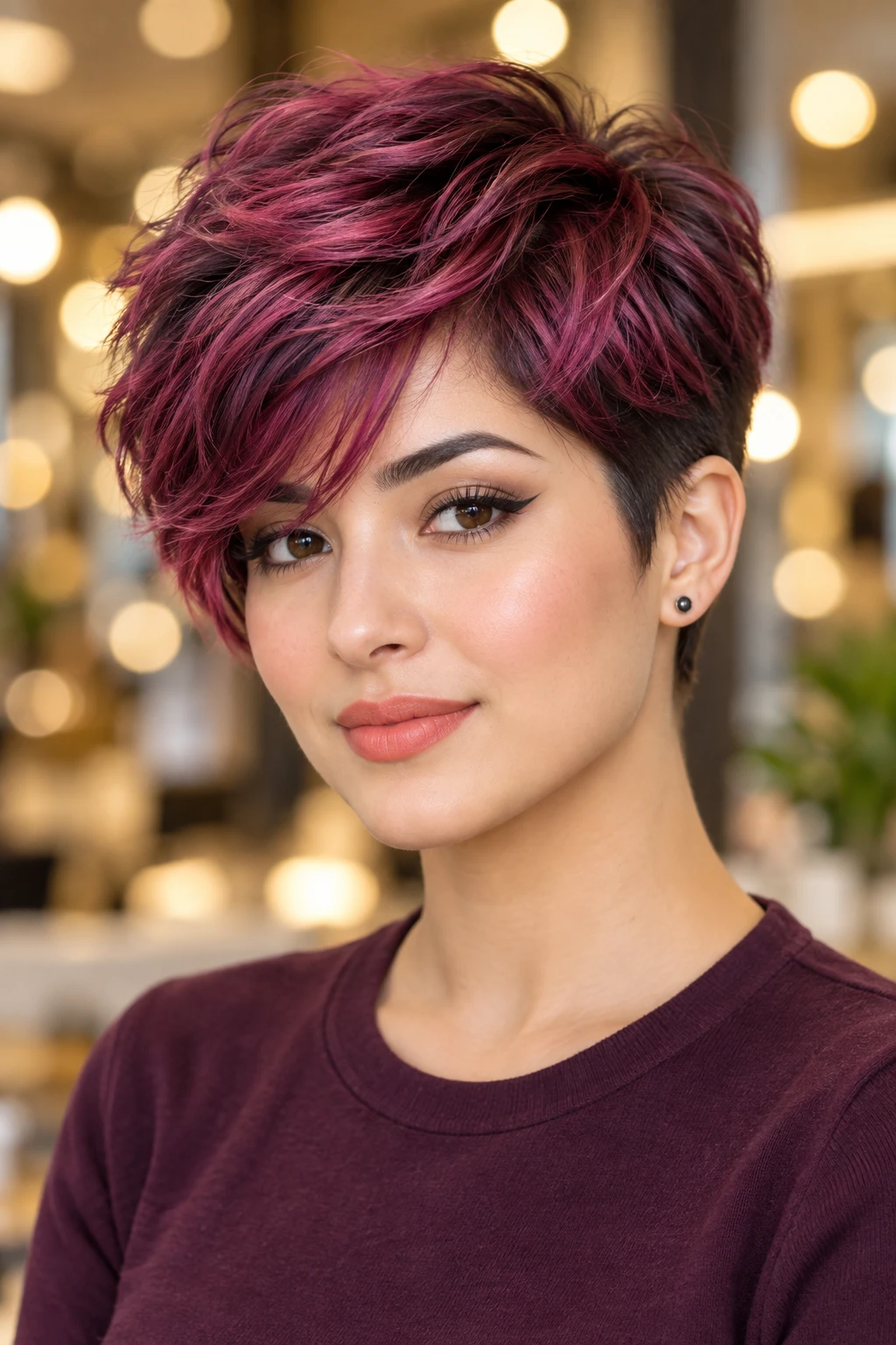 Berry Toned Textured Pixie with Side Fringe