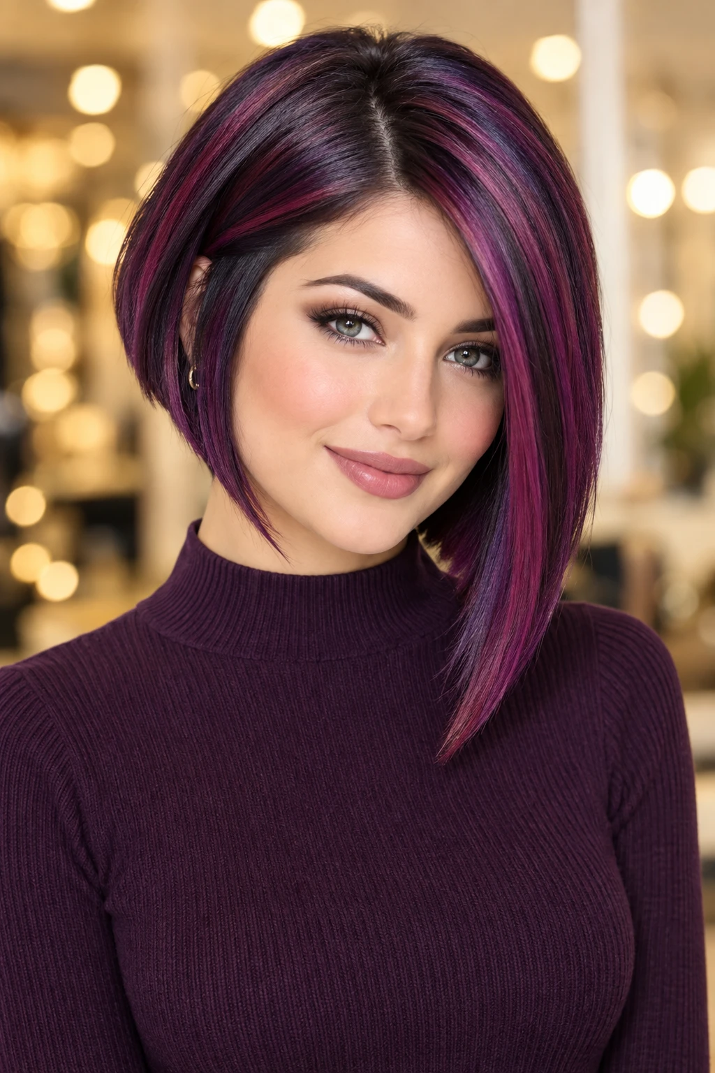 Asymmetrical Bob with Violet Magenta Highlights