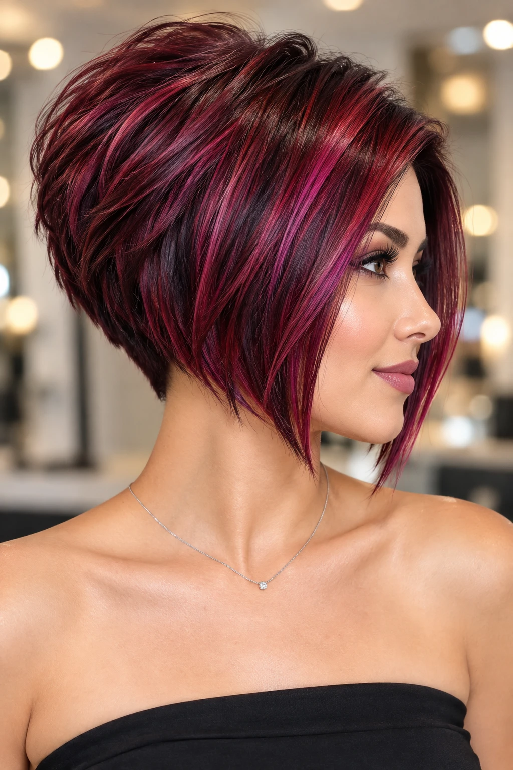 Stacked Angled Bob with Magenta Red Highlights