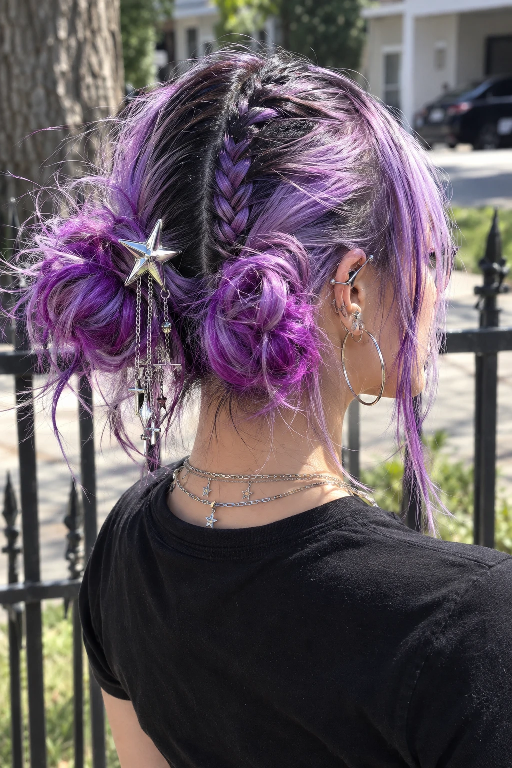 Double Space Buns with Fishtail Braid Crown and Star Charms Double Space Buns with Fishtail Braid Crown and Star Charms