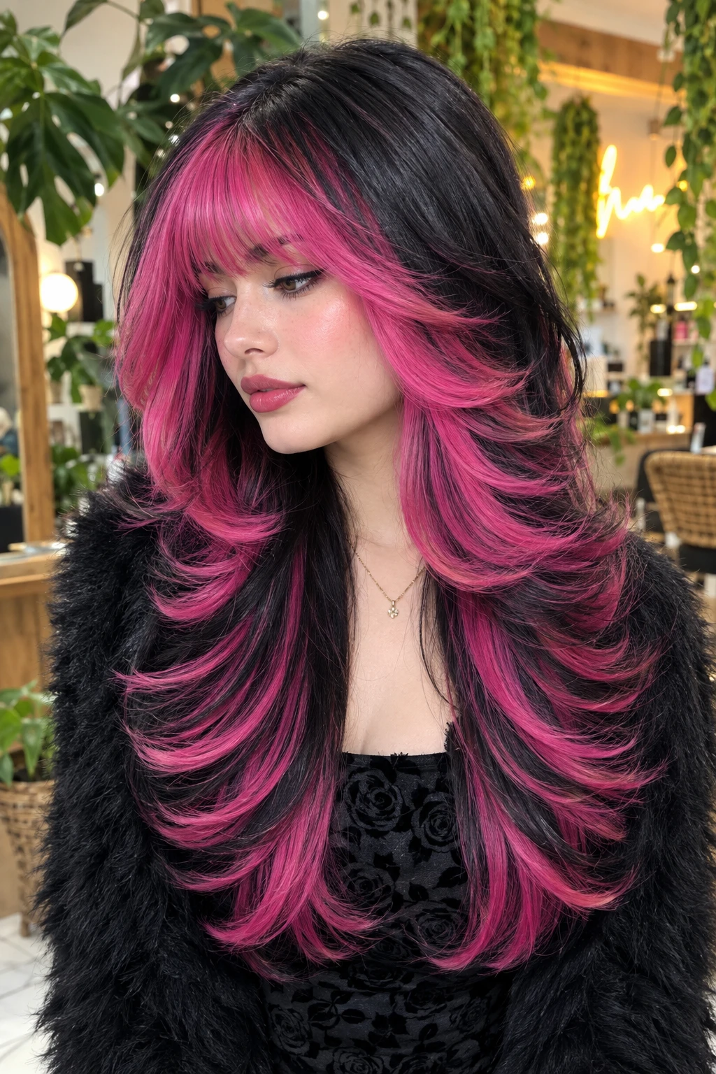 Layered Butterfly Cut with Pink Money Piece Highlights and Curtain Bangs Layered Butterfly Cut with Pink Money Piece Highlights and Curtain Bangs