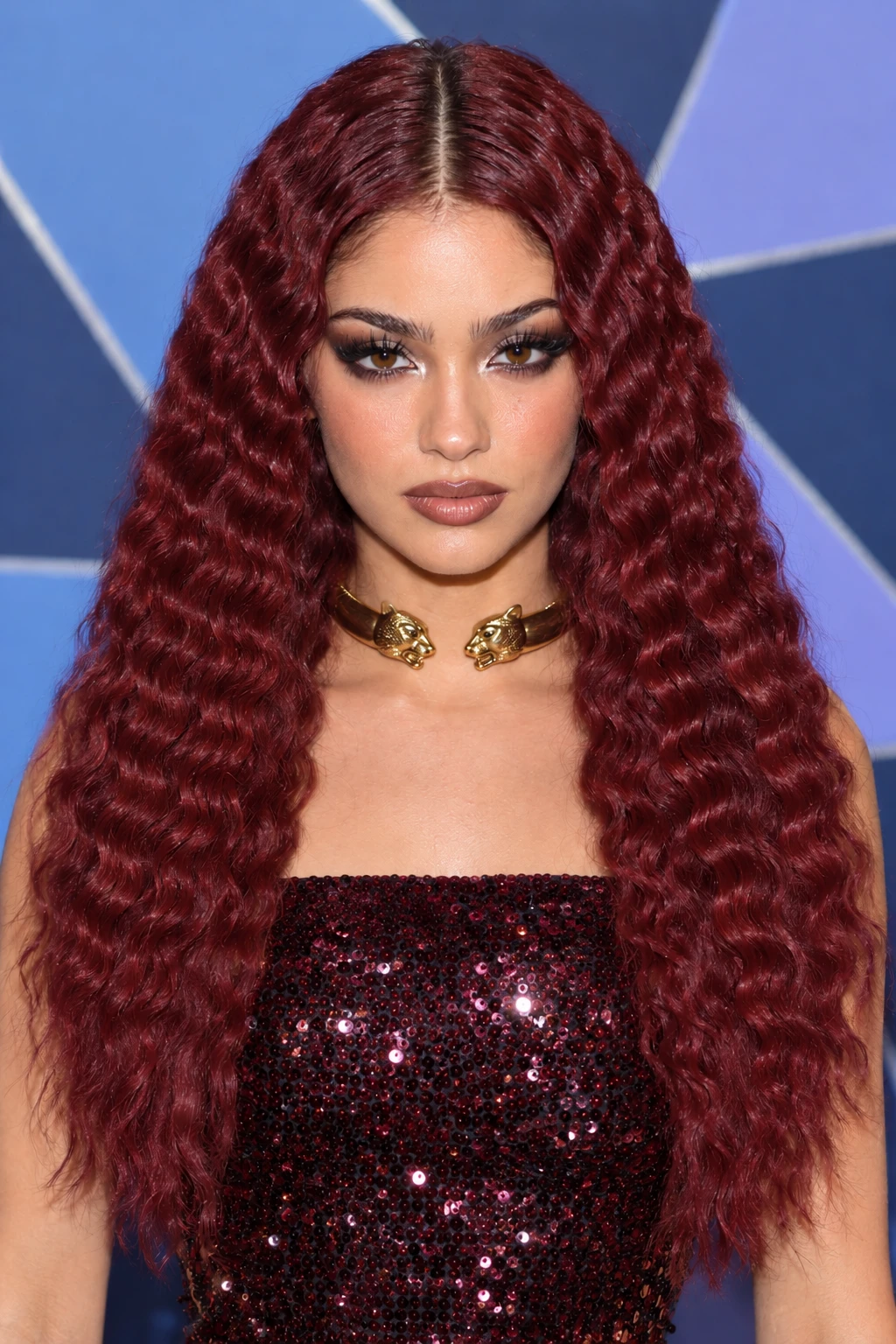 Deep Red Crimped Waves with Center Part Deep Red Crimped Waves with Center Part