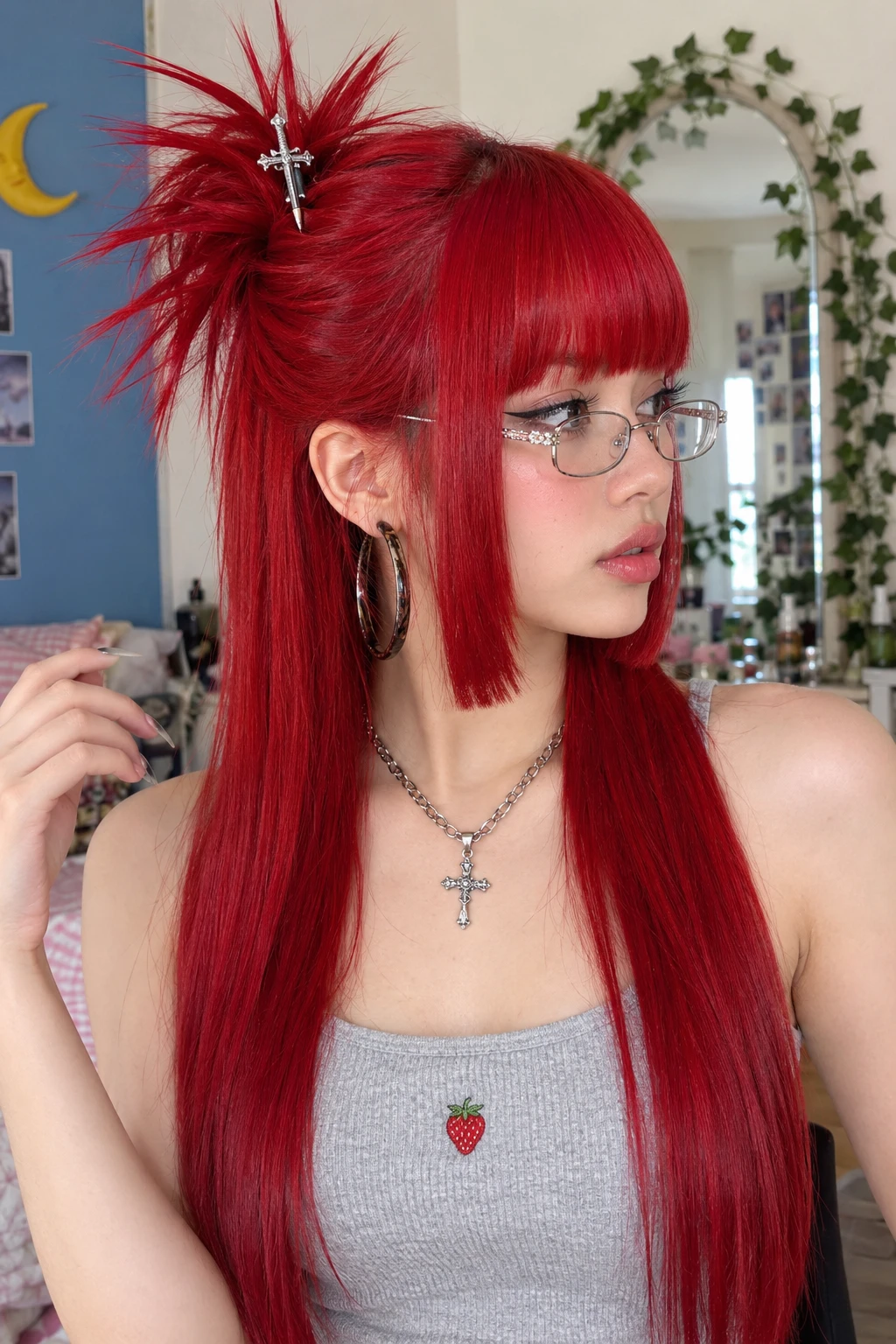 Half Up Spiky Bun with Blunt Bangs and Dagger Clip Half Up Spiky Bun with Blunt Bangs and Dagger Clip