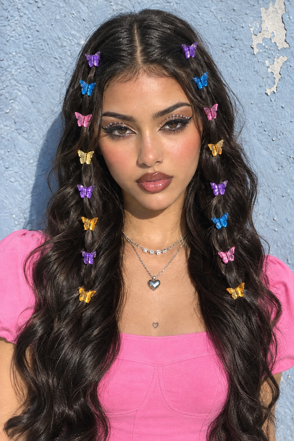 Wavy Half Braids with Colorful Butterfly Clips Wavy Half Braids with Colorful Butterfly Clips