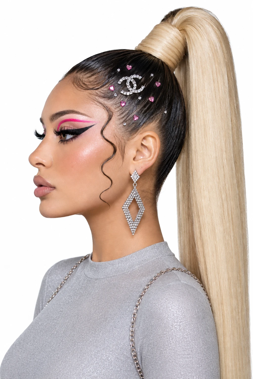 High Blonde Ponytail with Rhinestone Hair Gems and Baby Hair Waves High Blonde Ponytail with Rhinestone Hair Gems and Baby Hair Waves