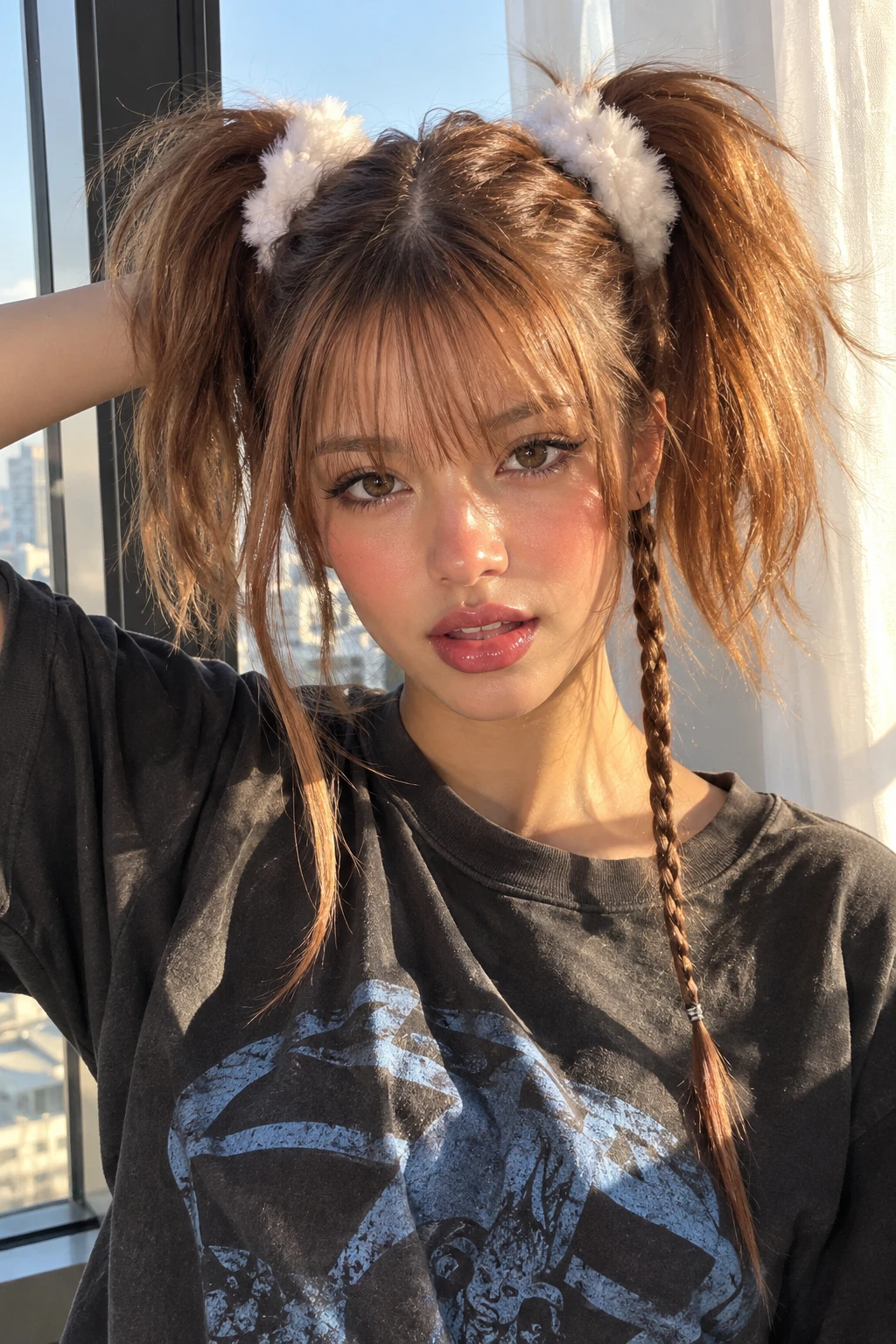 Fluffy High Pigtails with Fringe and Braided Tail Fluffy High Pigtails with Fringe and Braided Tail
