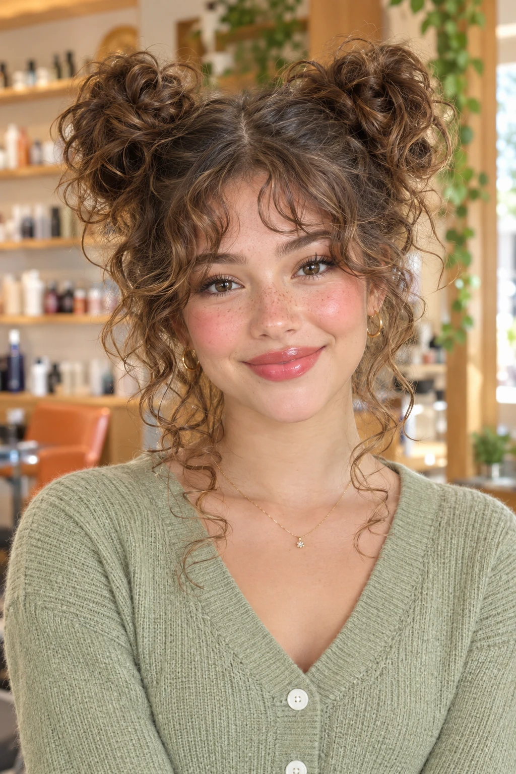 Curly Space Buns with Wispy Bangs Curly Space Buns with Wispy Bangs
