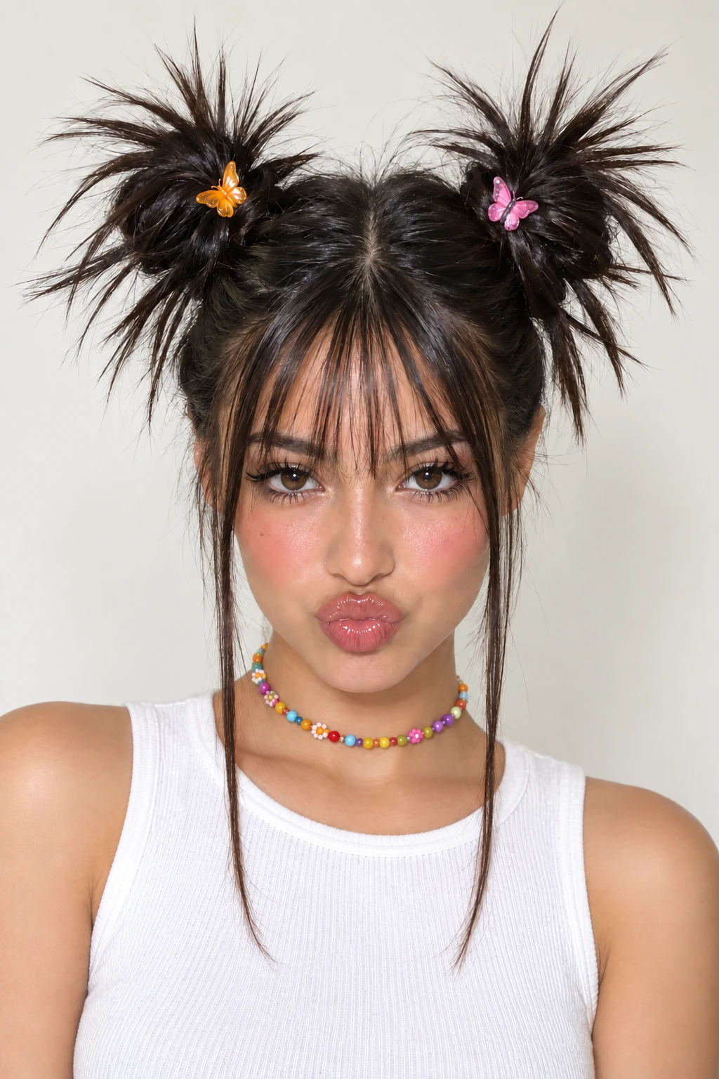 Textured Space Buns with Butterfly Clips and Bangs Textured Space Buns with Butterfly Clips and Bangs