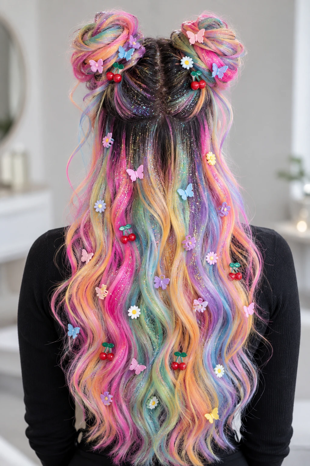 Rainbow Half Space Buns with Charm Clips and Glitter Rainbow Half Space Buns with Charm Clips and Glitter