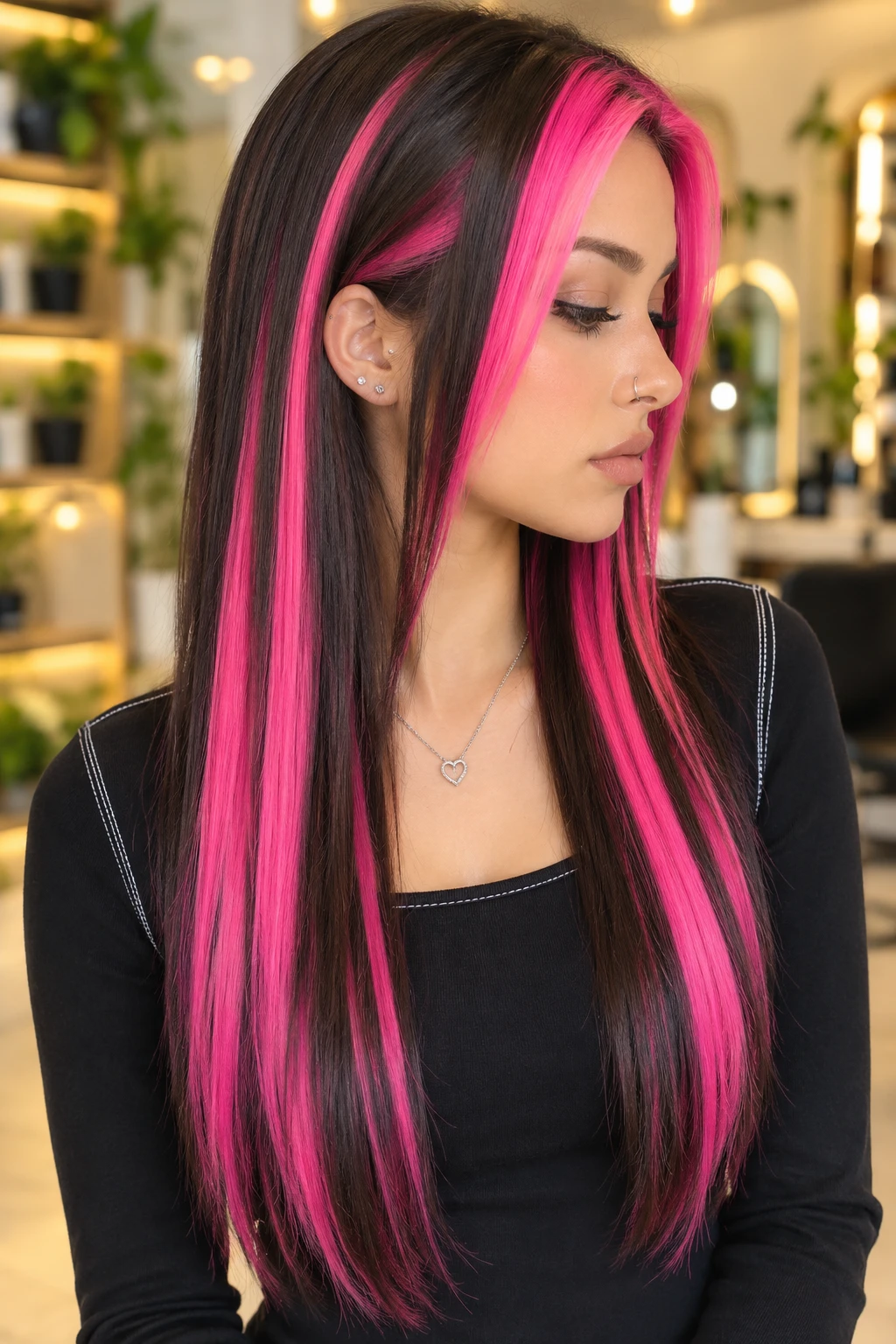 Sleek Straight Hair with Bold Pink Streaks Sleek Straight Hair with Bold Pink Streaks