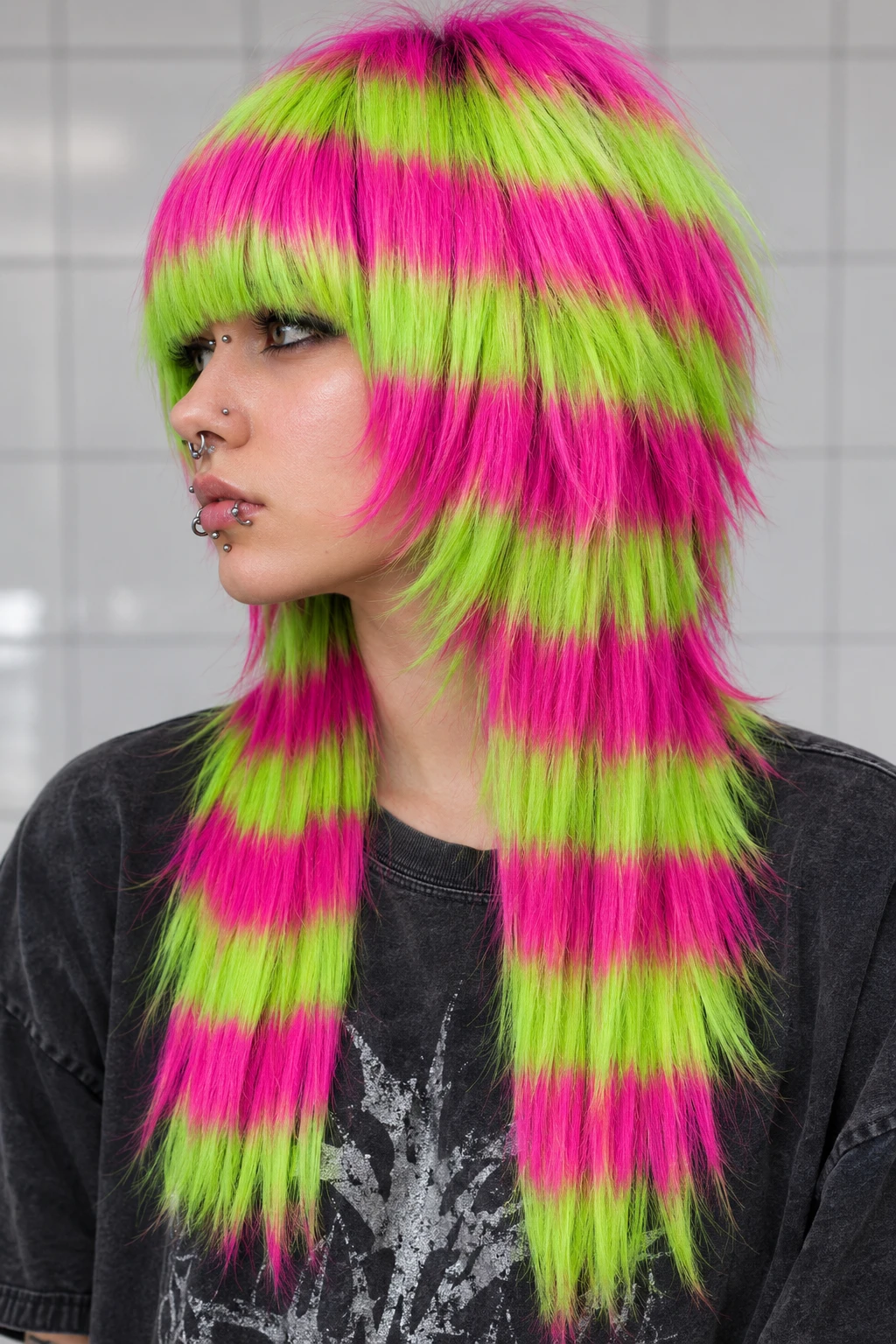 Layered Shag with Neon Pink and Green Stripes Layered Shag with Neon Pink and Green Stripes