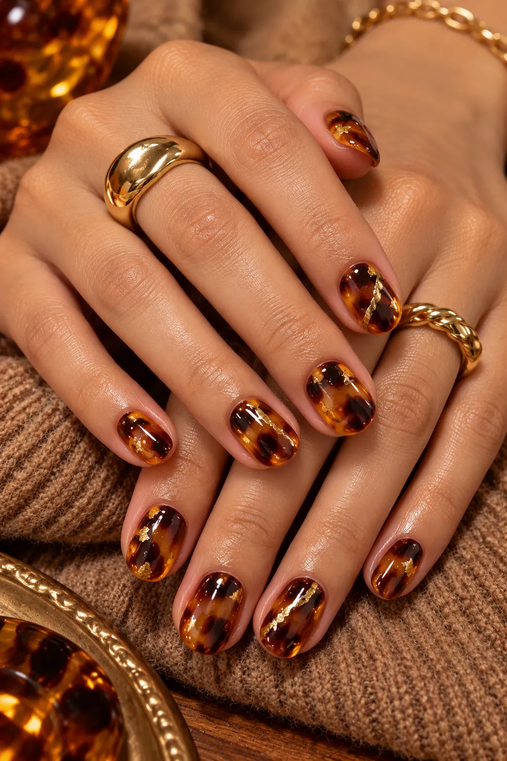 Amber Tortoiseshell Nails with Gold Foil