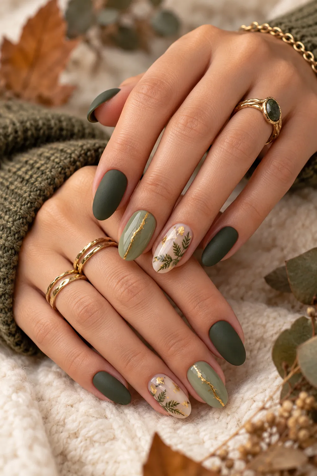 Autumn Botanical Gold Leaf Manicure