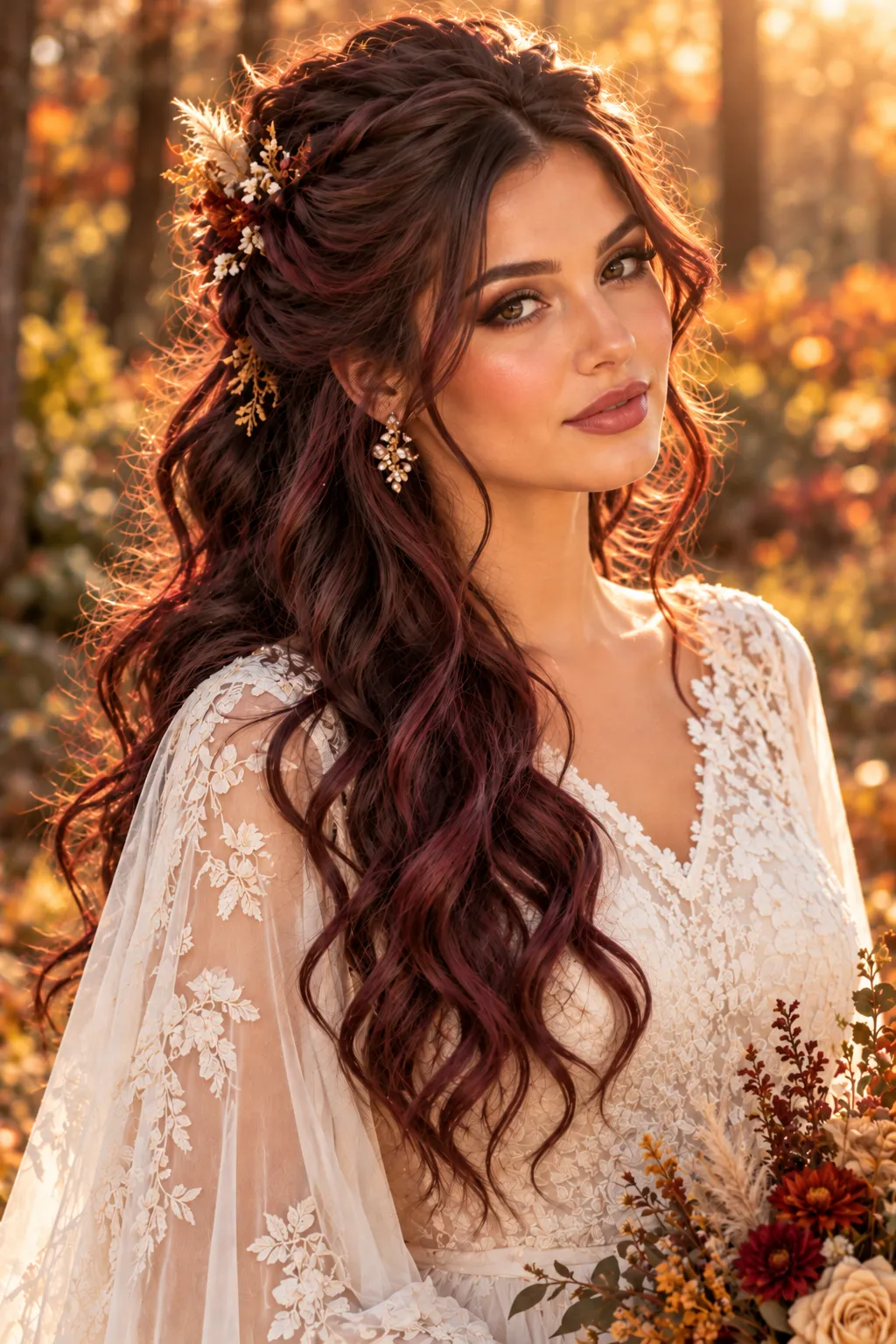 Autumn Floral Half Up with Burgundy Boho Waves Autumn Floral Half Up with Burgundy Boho Waves