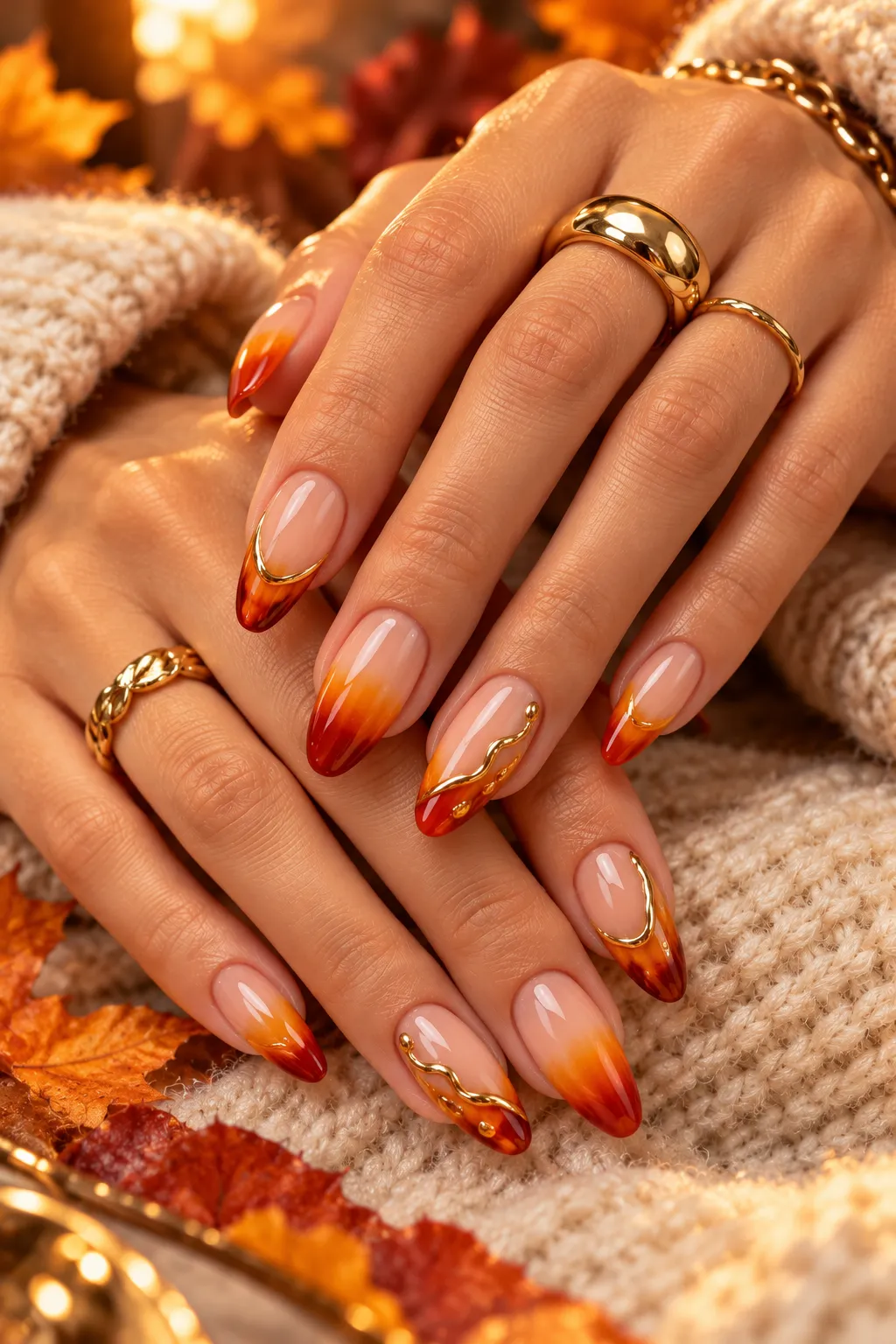 Autumn Ombré Nails with Golden Accents