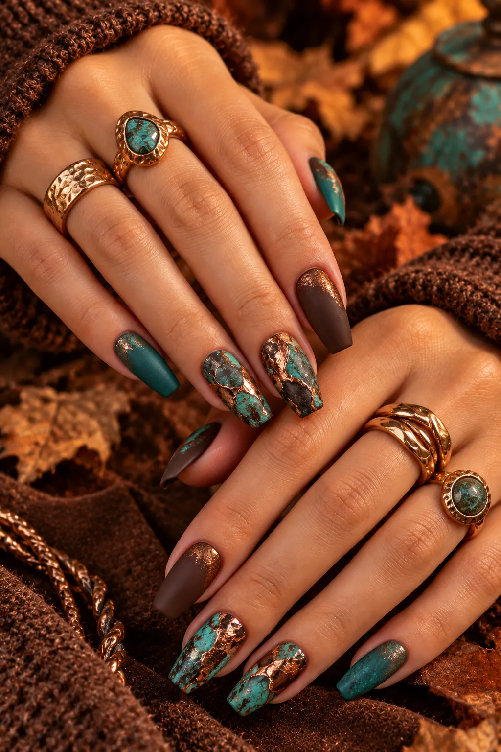 Autumn Patina Nails and Copper Rings