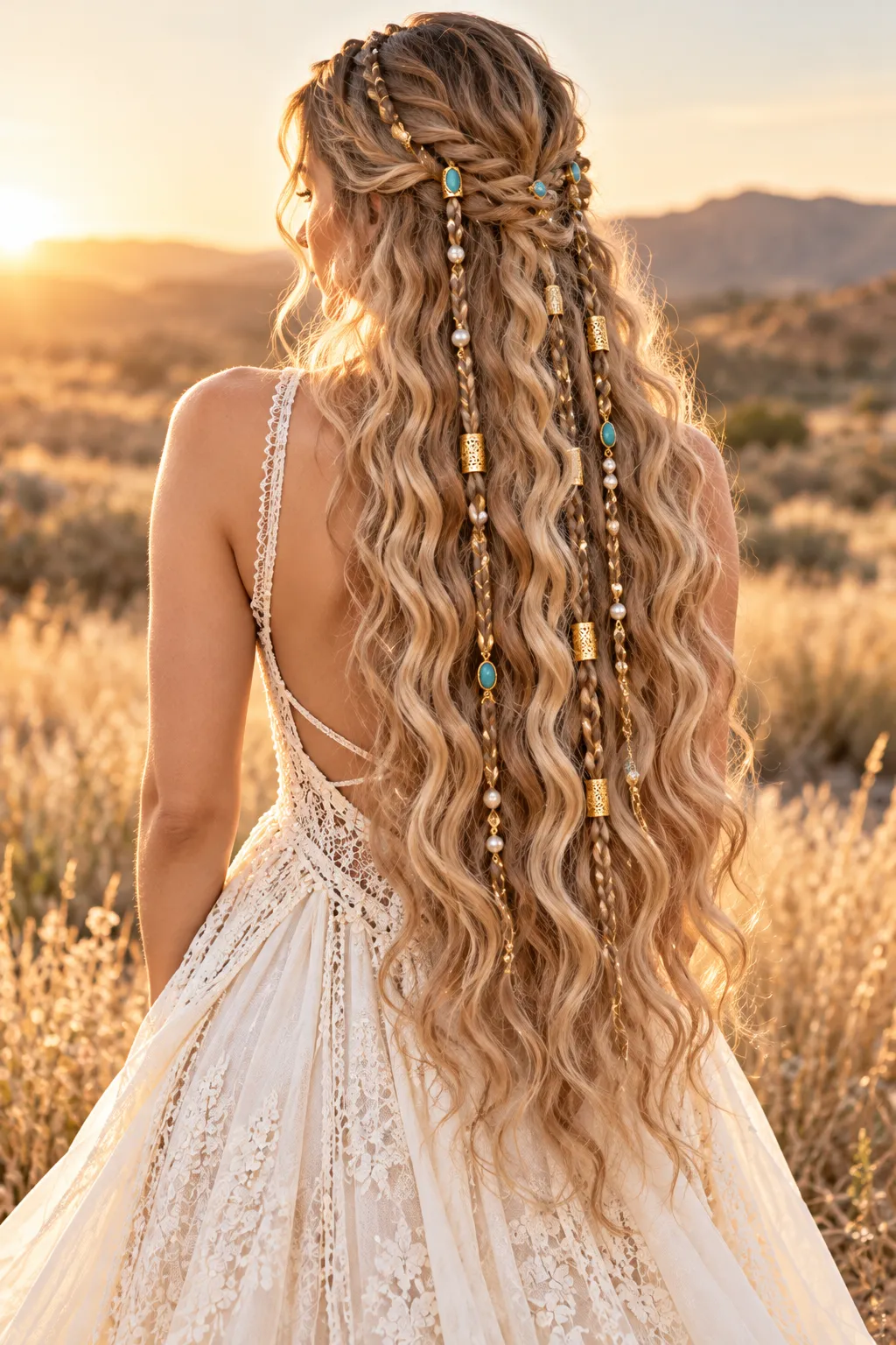  Boho Beach Waves with Gold Charm Braids