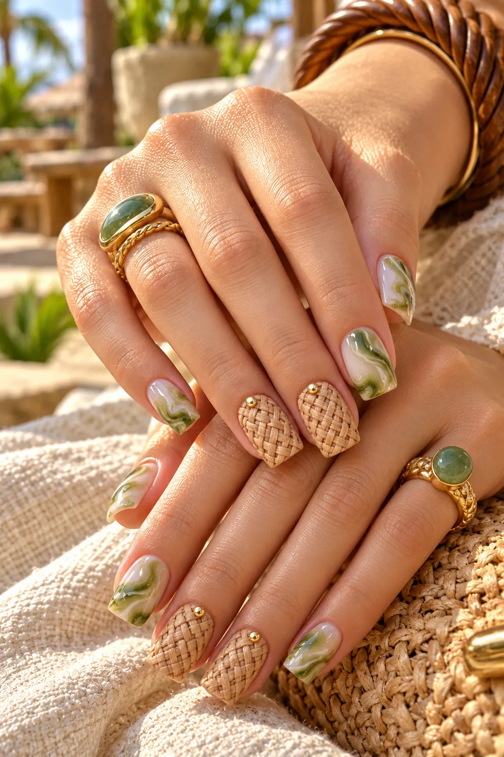 Boho Green Marble and Woven Nail Art